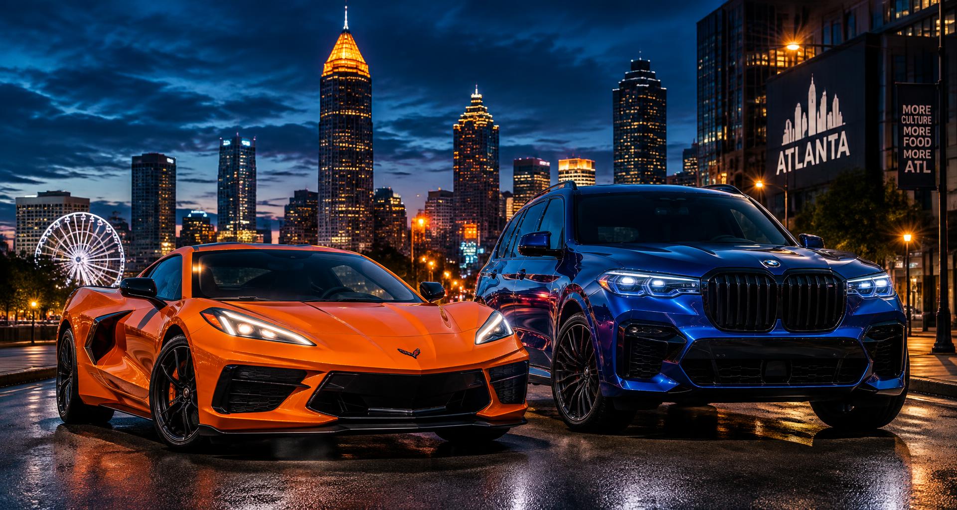 Sports car and SUV parked against the Atlanta skyline at dusk