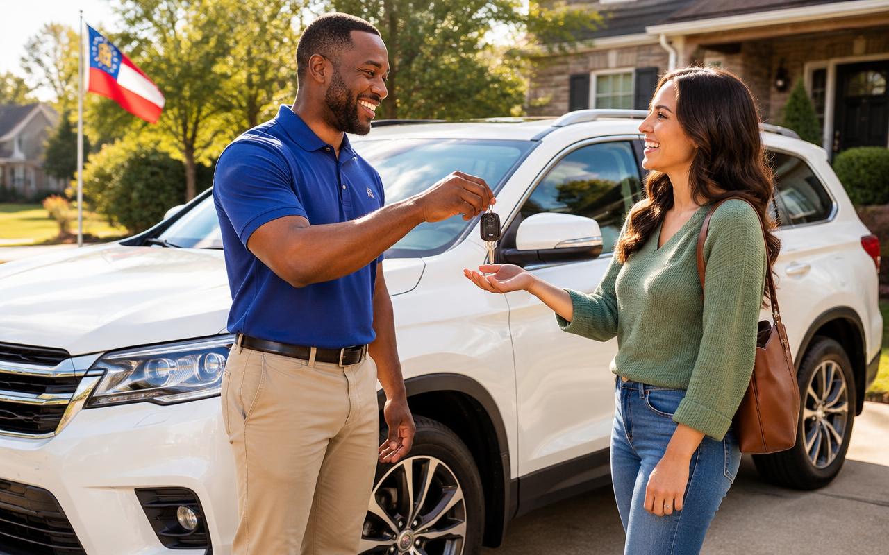 Host handing car keys to a renter in a Georgia driveway